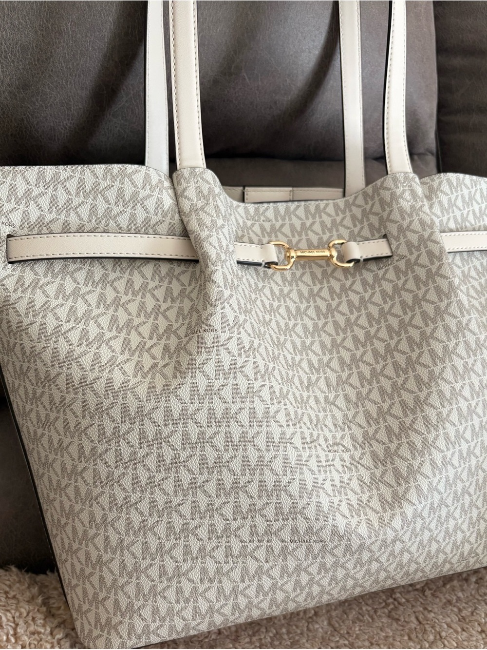 Michael Kors Cream and White Signature MK Tote with Gold Hardware